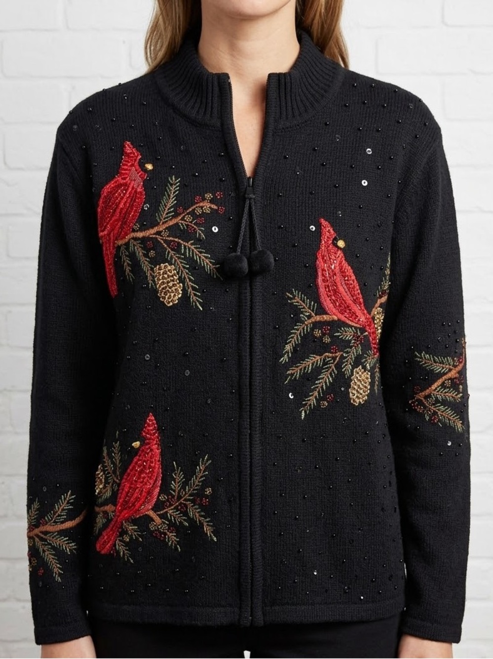 Vintage 2004 Tiara International Cardinal Christmas Sweater Ramie Cotton Sequin